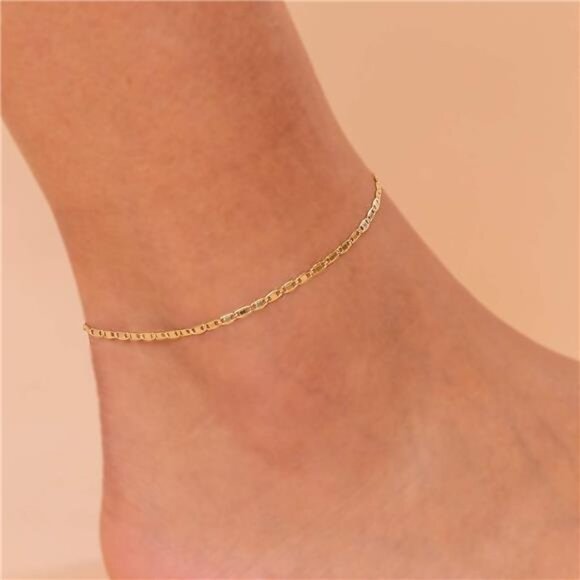14K-18K Gold Plated Charm Link Flat Gold Anklets for Women | Beaded Marina Link - Picture 2 of 6